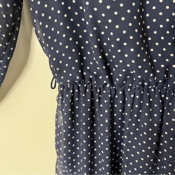 BCX 3/4 Sleeve V Neck Elastic Waist Navy White Polkadot Dress Size Medium - Picture 5 of 7